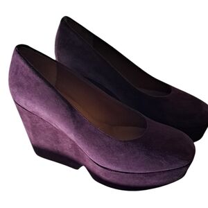 NEW CLERGERIE PARIS BLANDINE CHEVRE VELOURS AUBERGINE PLATFORM/WEDGE 38.5/ 8